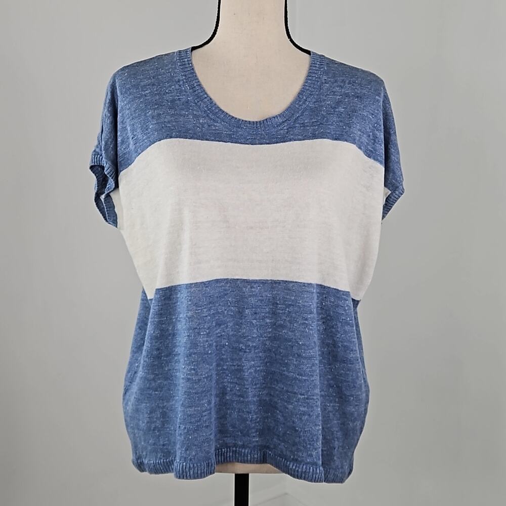Madewell Blue Colorblock Linen Knit Short-Sleeve Sweater | Women's Small‎